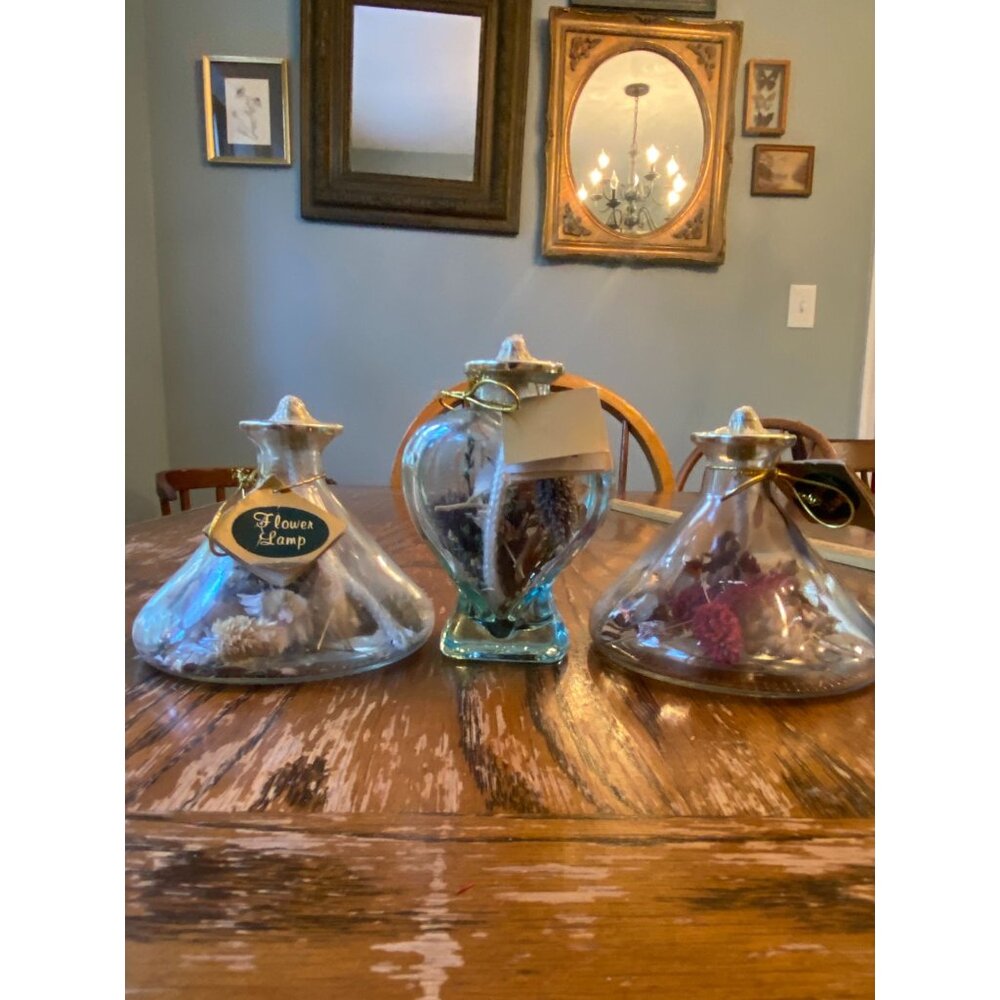 Lot Of 3 Vintage Glass Oil Lamps With Dried Flowers & Heart-Shaped Design Boho D